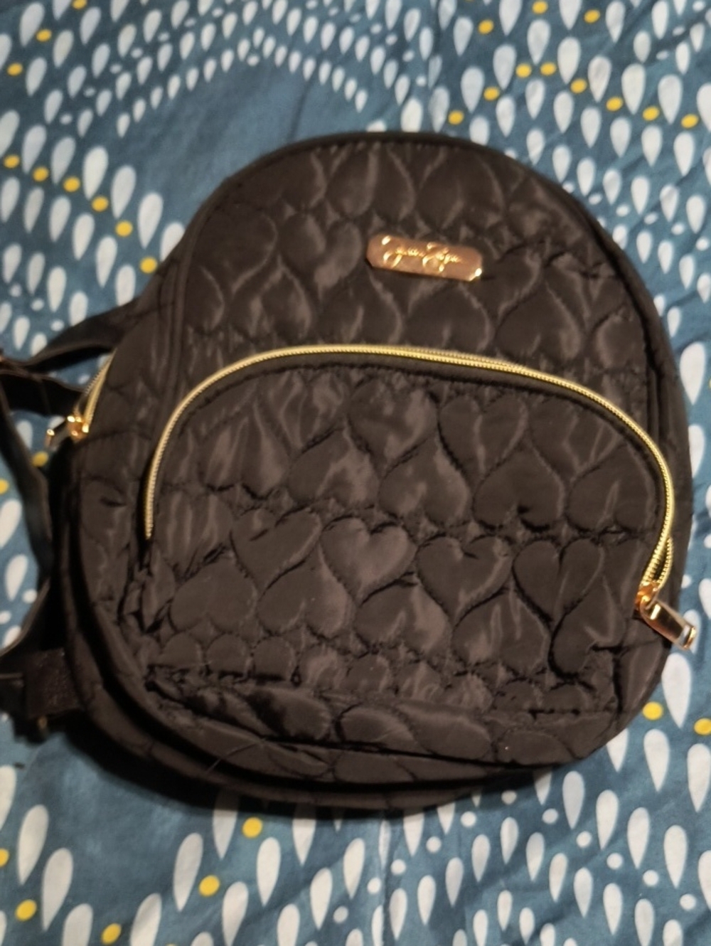 Jessica Simpson Black Quilted Heart Mini Backpack with Gold Accents